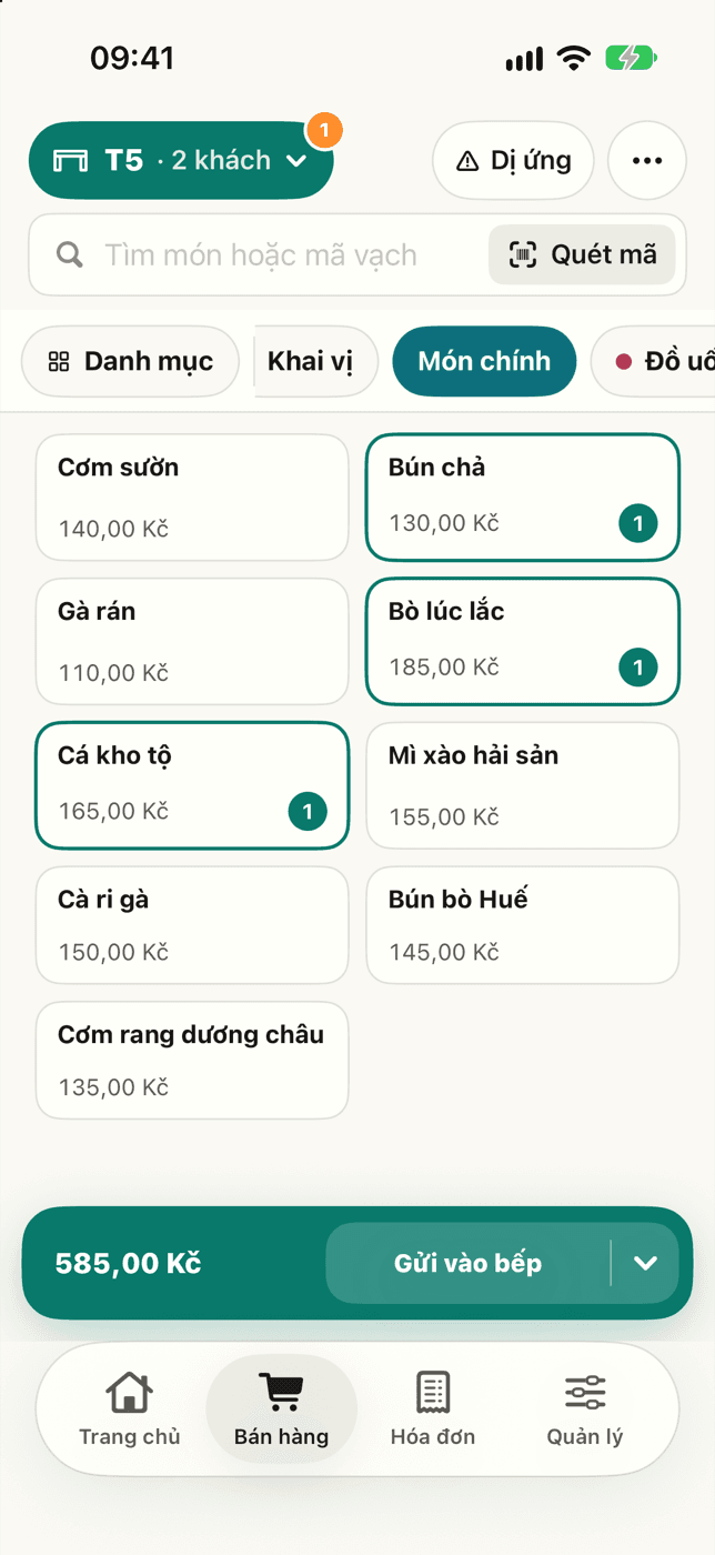 Màn hình gọi món của Sen Kasa cho nhà hàng: bàn T5, thực đơn món chính và nút Gửi vào bếp