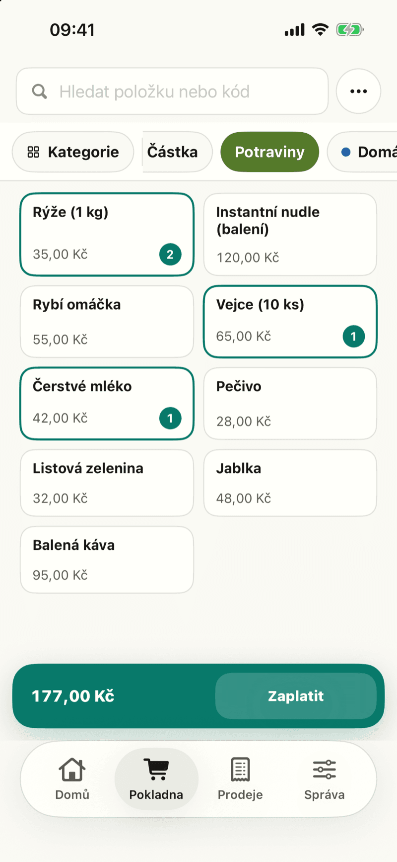 Prodejní obrazovka Sen Kasa na iPhonu: kategorie Potraviny, v košíku rýže, vejce a čerstvé mléko za 177,00 Kč