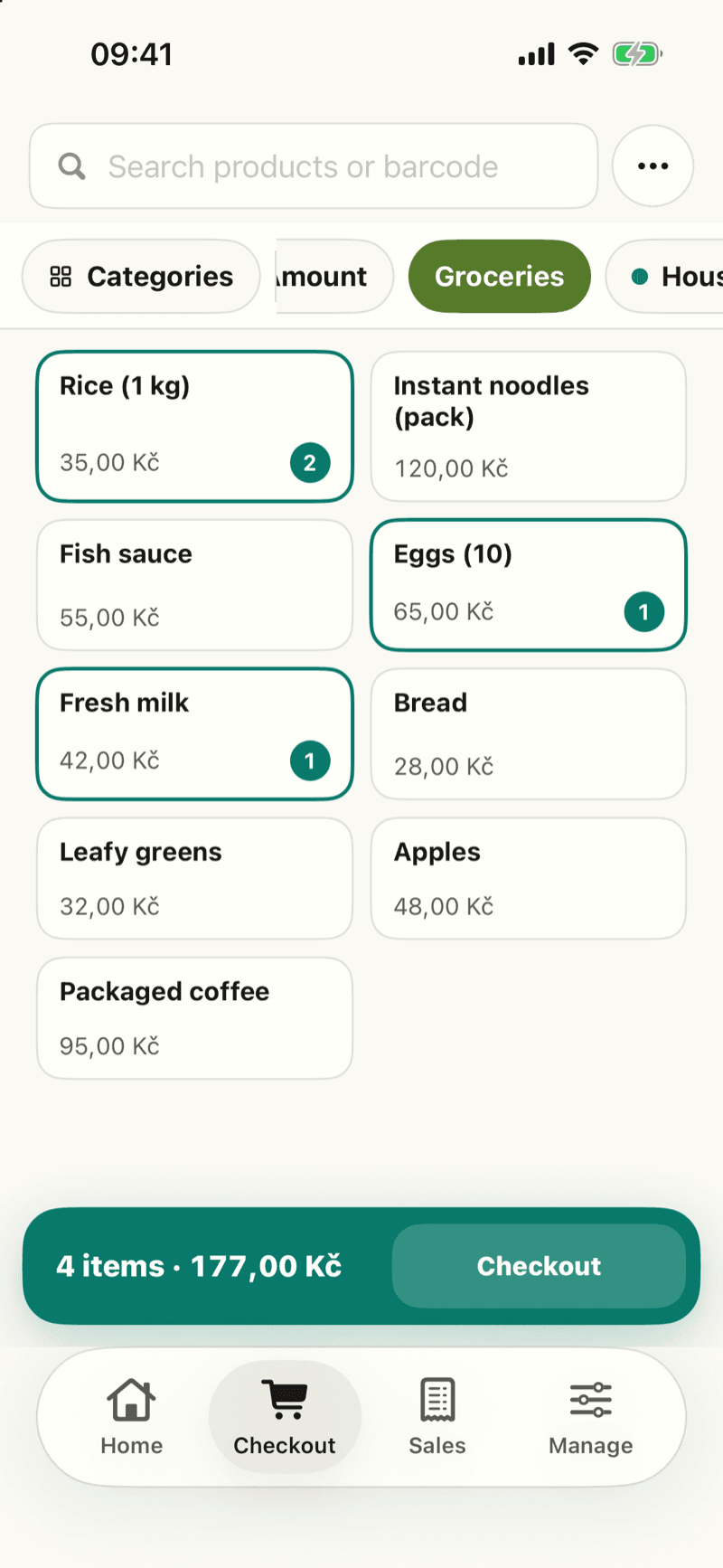Verkoopscherm van Sen Kasa op een iPhone, in het Engels: categorie Groceries, met rijst, eieren en verse melk in het mandje voor 177,00 Kč
