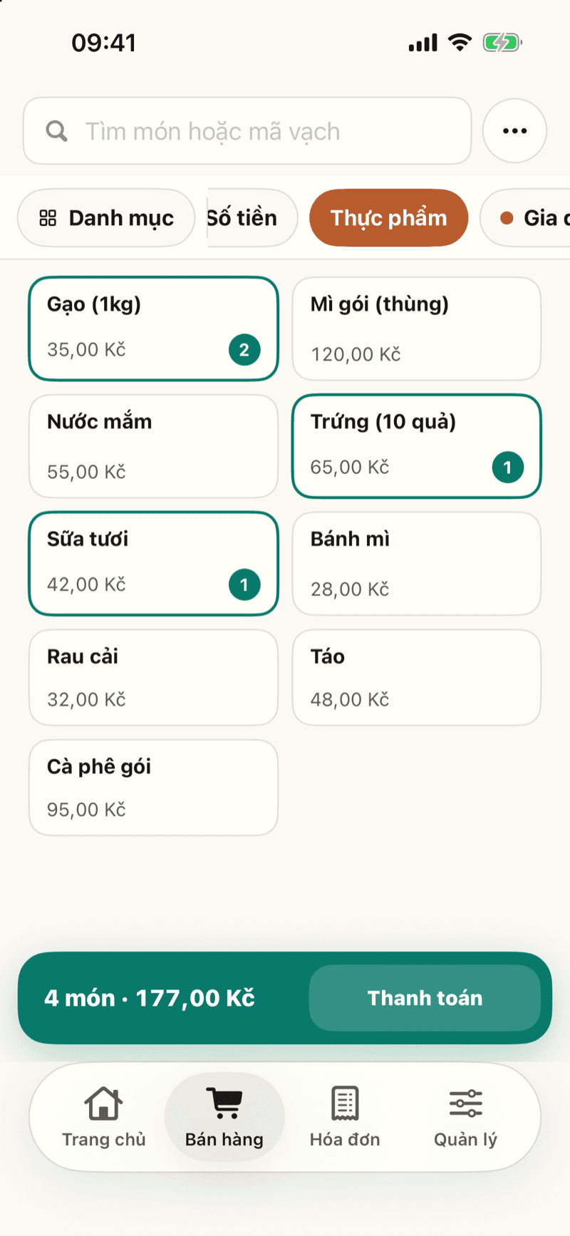 Màn hình bán hàng Sen Kasa bằng tiếng Việt: danh mục Thực phẩm, trong giỏ có gạo, trứng và sữa tươi, tổng 177,00 Kč, nút Thanh toán